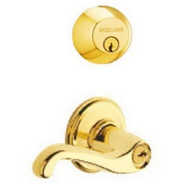 Bright Brass Single Cylinder Deadbolt & Flair Lever Combo Pack