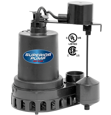 Superior Pump Thermoplastic Sump Pump with Vertical Float Switch, 1/3 HP