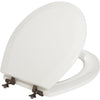 Mayfair Round STA-TITE White Wood Toilet Seat with Oil Rubbed Bronze Hinges